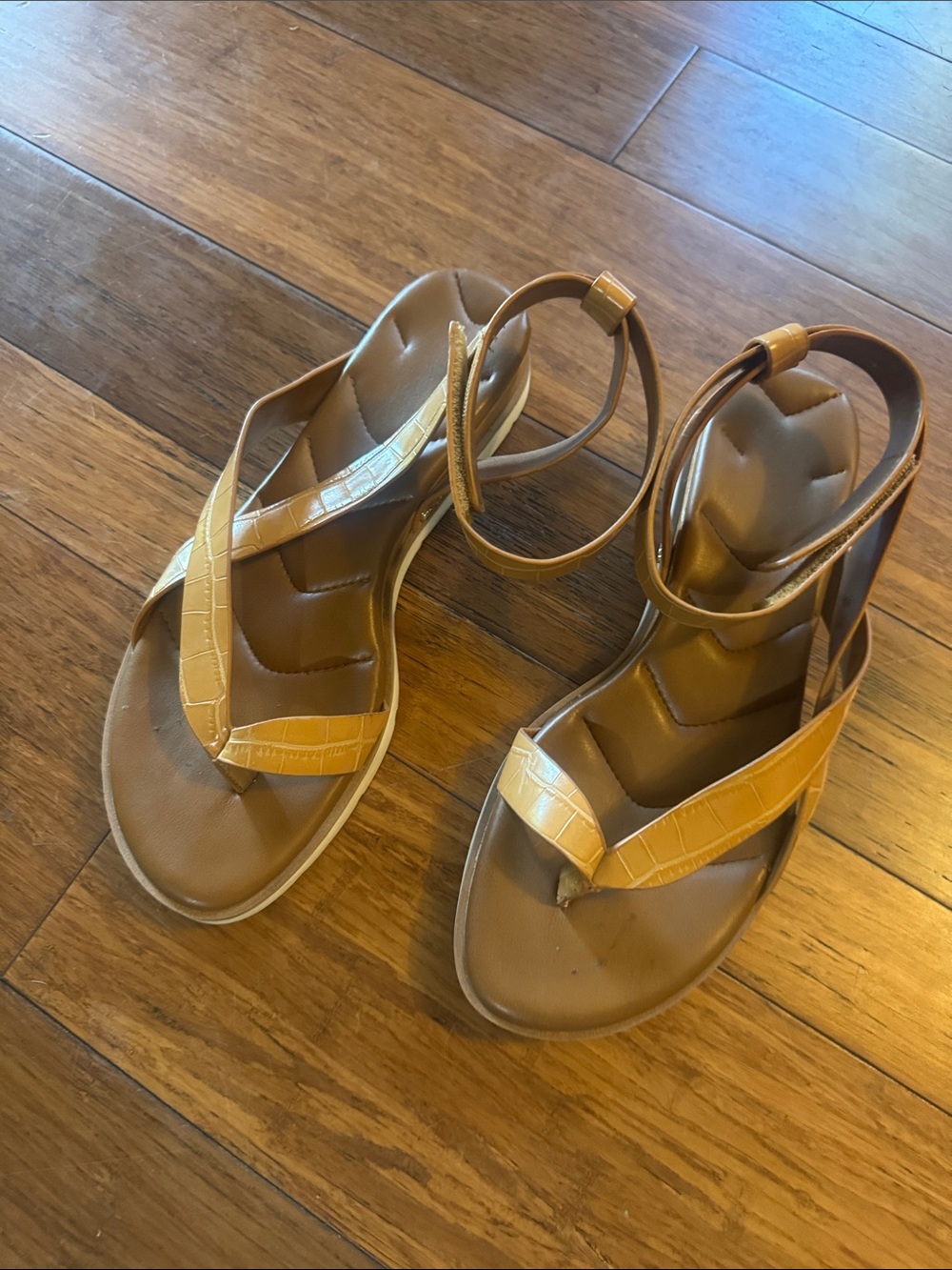 Franco Sarto Tan Croc-Texture Ankle-Strap Sandals